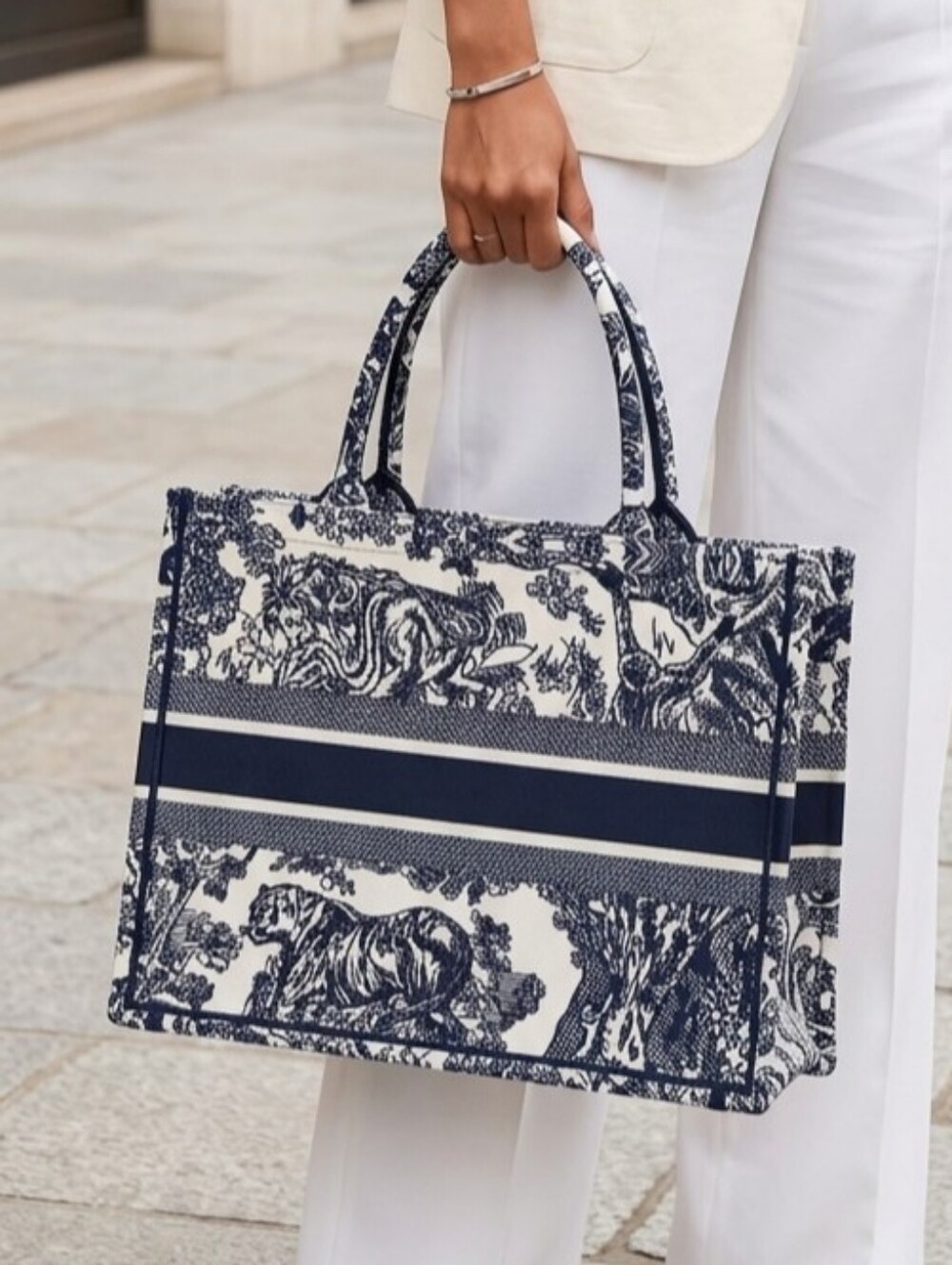 BRAND NEW Blue White Large Toile Tote Work Bag Satchel